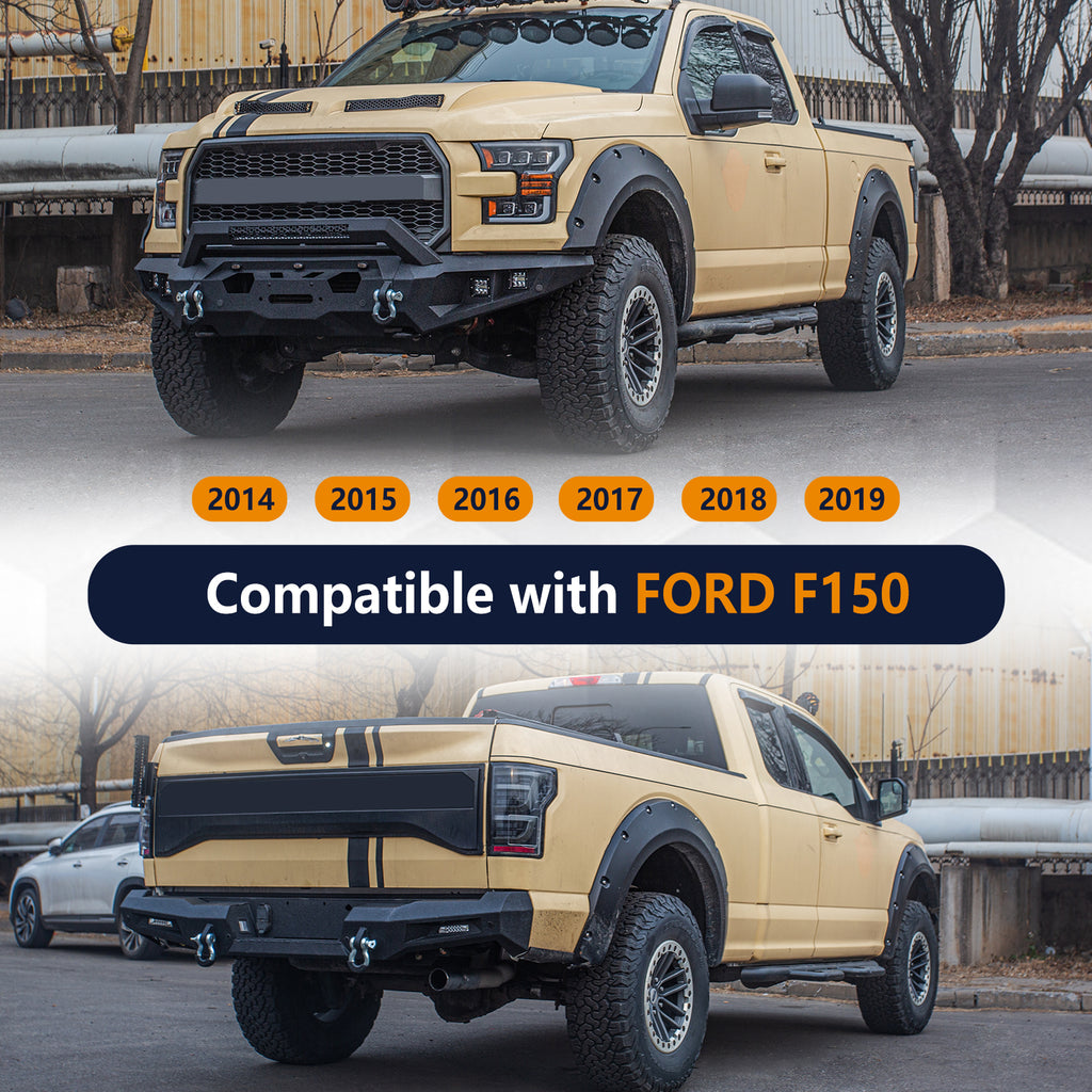 The Brave Fighter front and rear bumpers are compatible with the 2014-2019 Ford F150, featuring winch plates, LED lights, and D-rings. Black textured powder coating.