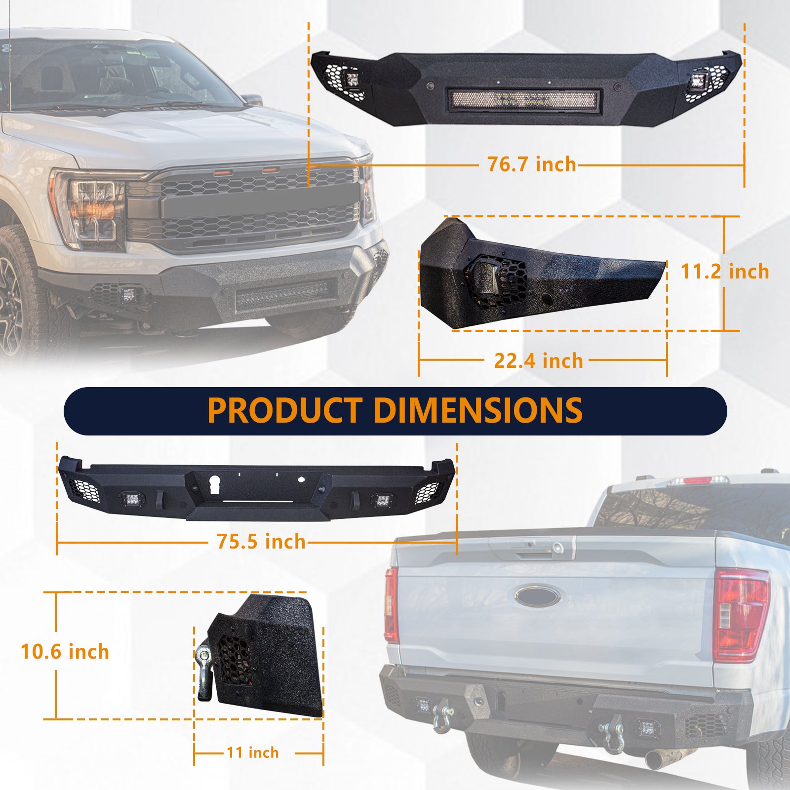 The Brave Fighter front and rear bumpers are compatible with the 2021-2024 Ford F150, featuring LED lights, and D-rings. Black textured powder coating.
