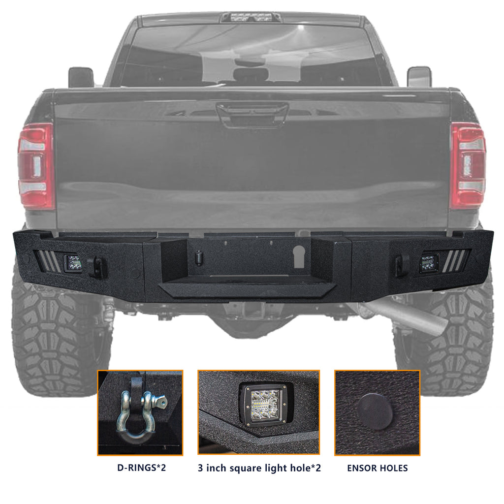 Front Bumper & Rear Bumper Compatible with 2019-2024 Dodge Ram 2500/3500/5500 with Winch Plate & 3 inch& 20 inch light hole & D-Ring〔Black Textured Powder Coat]