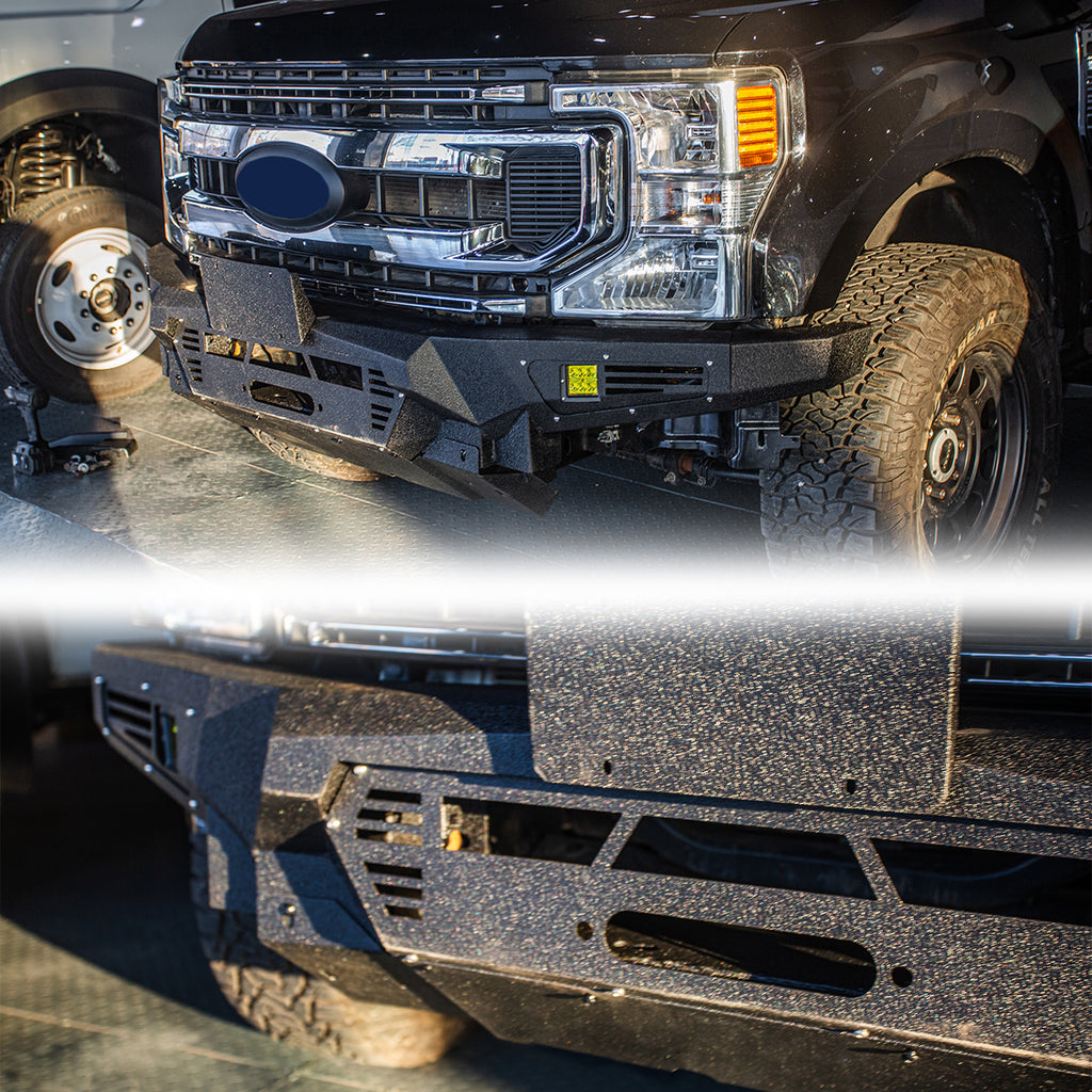 The Brave Fighter front bumper is compatible with the 2020-2022 Ford F550, featuring a hoist plate, 3-inch light holes, 20 inch light holes, and a bottom guard [black textured powder coating]