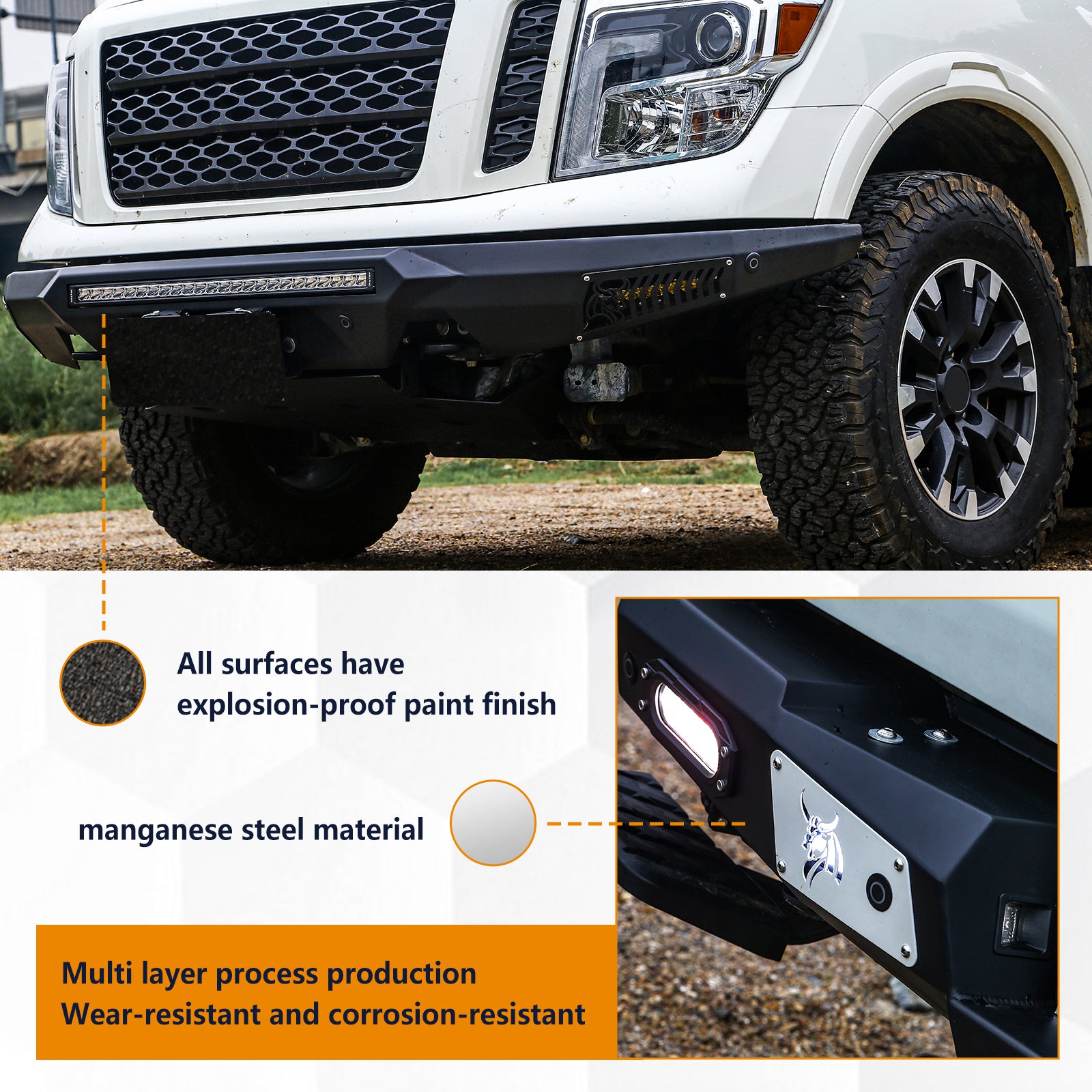 The Brave Fighter front and rear bumpers are compatible with the Nissan Titan, featuring winch plates, Bottom protective plate. Black textured powder coating. (Front Bumper & Rear Bumper)