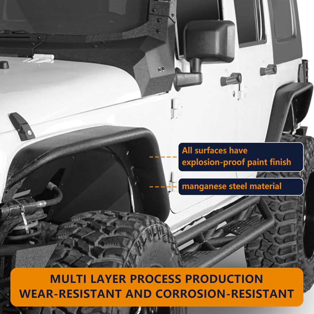 Brave Fighter Flat Fender Flares for 2007-2018 Jeep Wrangler JK, Front and Rear Steel Fenders - 4 PCS Set