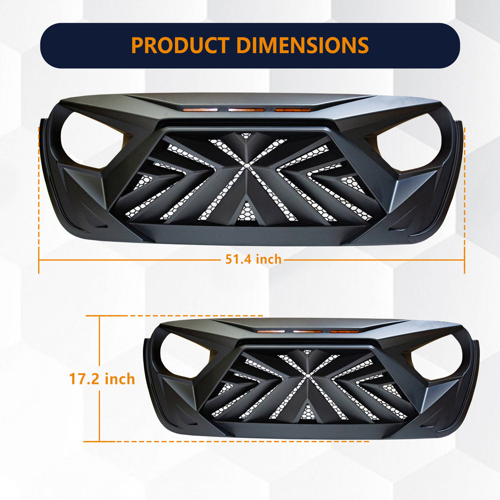 Brave Fighter Front Grill Cover Grille Guard for 2018-2025 Jeep Wrangler JL & Gladiator JT （Amber LED light）