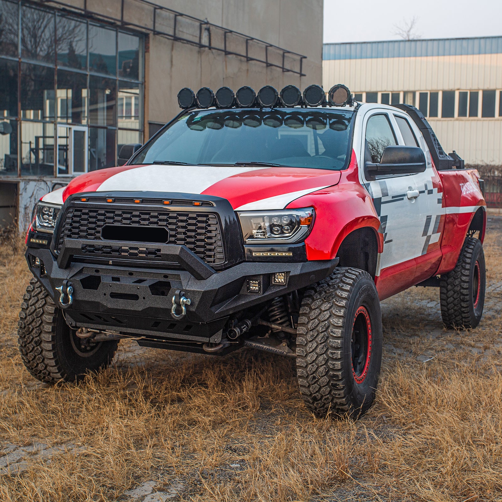 Brave Fighter Front Bumper Compatible with 2007-2013 Toyota Tundra with Winch Plate & 3 inch square light hole & 20 inch long strip light hole & D-Ring〔Black Textured Powder Coat〕
