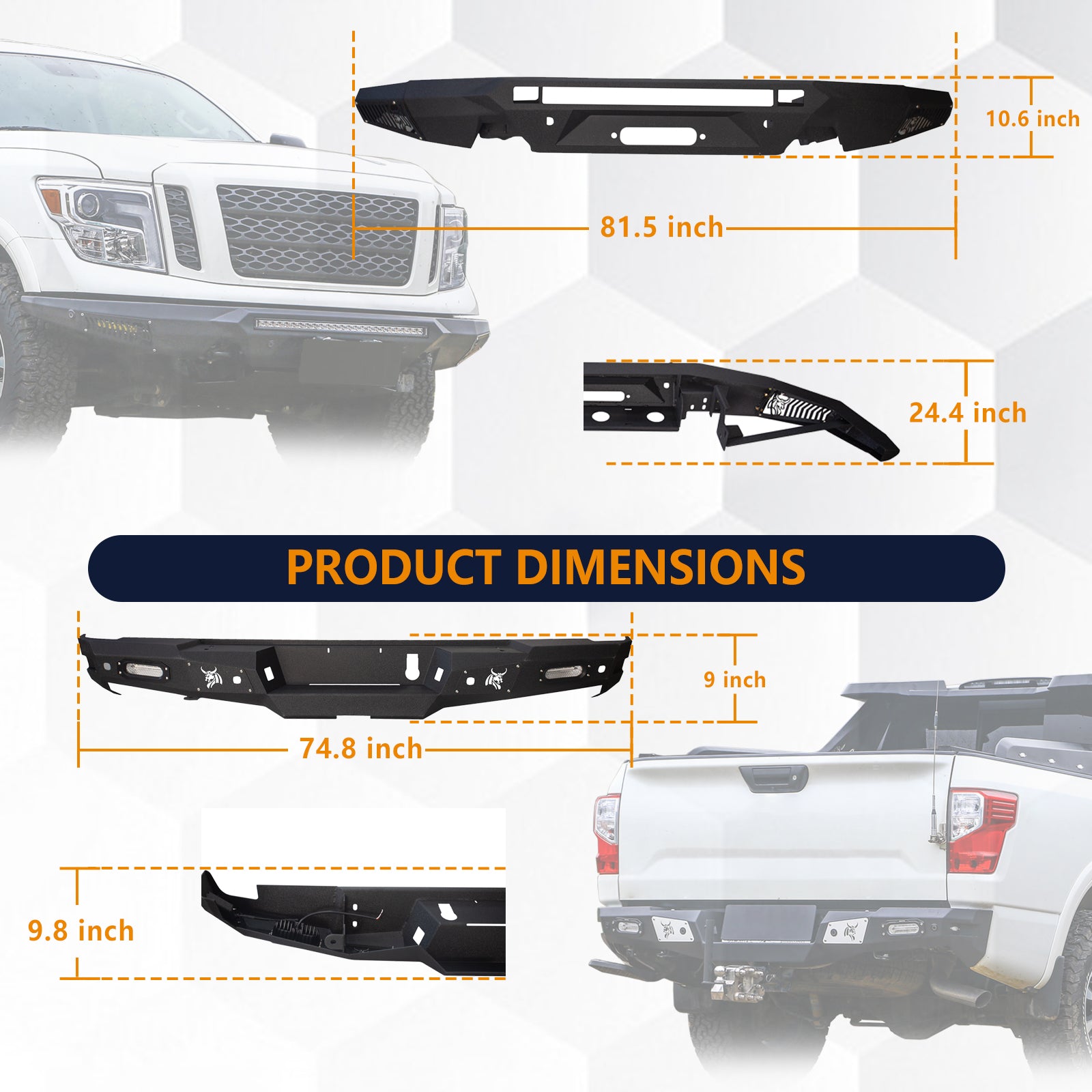 The Brave Fighter front and rear bumpers are compatible with the Nissan Titan, featuring winch plates, Bottom protective plate. Black textured powder coating. (Front Bumper & Rear Bumper)