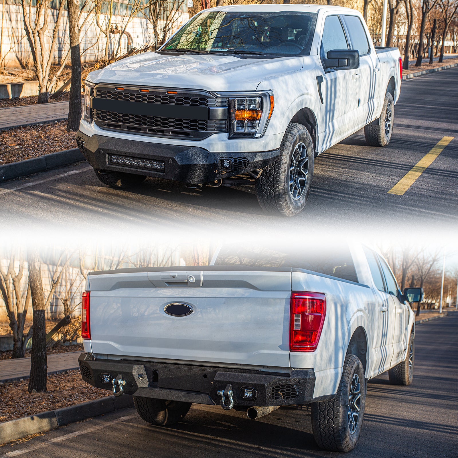 The Brave Fighter front and rear bumpers are compatible with the 2021-2024 Ford F150, featuring LED lights, and D-rings. Black textured powder coating.