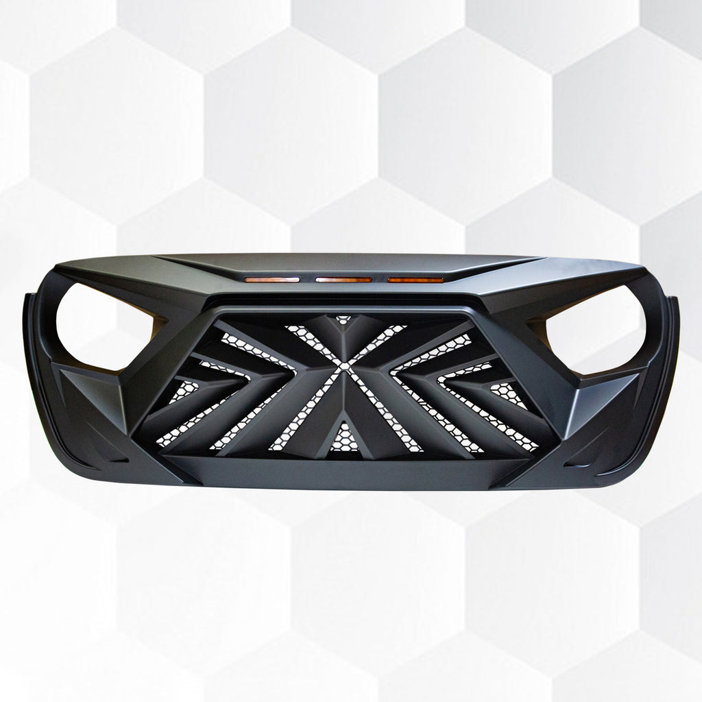 Brave Fighter Front Grill Cover Grille Guard for 2018-2025 Jeep Wrangler JL & Gladiator JT （Amber LED light）