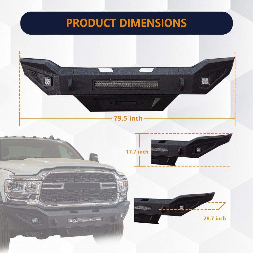 Front Bumper & Rear Bumper Compatible with 2019-2024 Dodge Ram 2500/3500/5500 with Winch Plate & 3 inch& 20 inch light hole & D-Ring〔Black Textured Powder Coat]