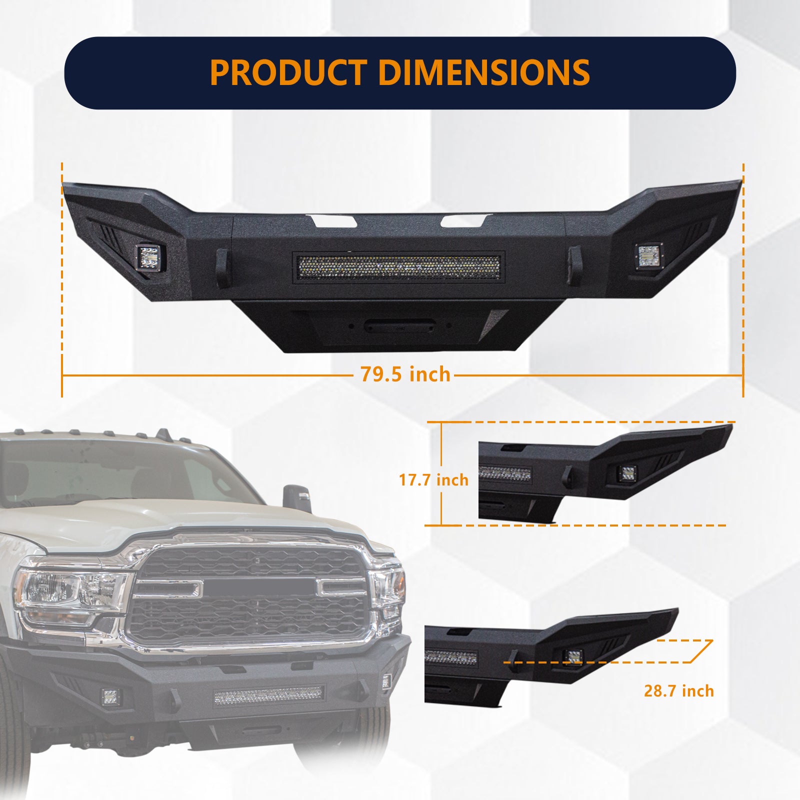Front Bumper & Rear Bumper Compatible with 2019-2024 Dodge Ram 2500/3500/5500 with Winch Plate & 3 inch& 20 inch light hole & D-Ring〔Black Textured Powder Coat]