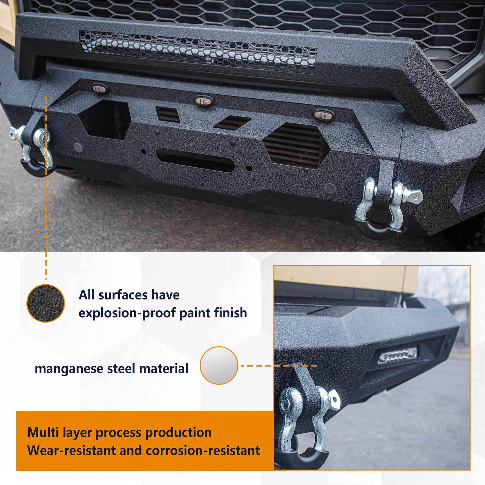 The Brave Fighter front and rear bumpers are compatible with the 2014-2019 Ford F150, featuring winch plates, LED lights, and D-rings. Black textured powder coating.