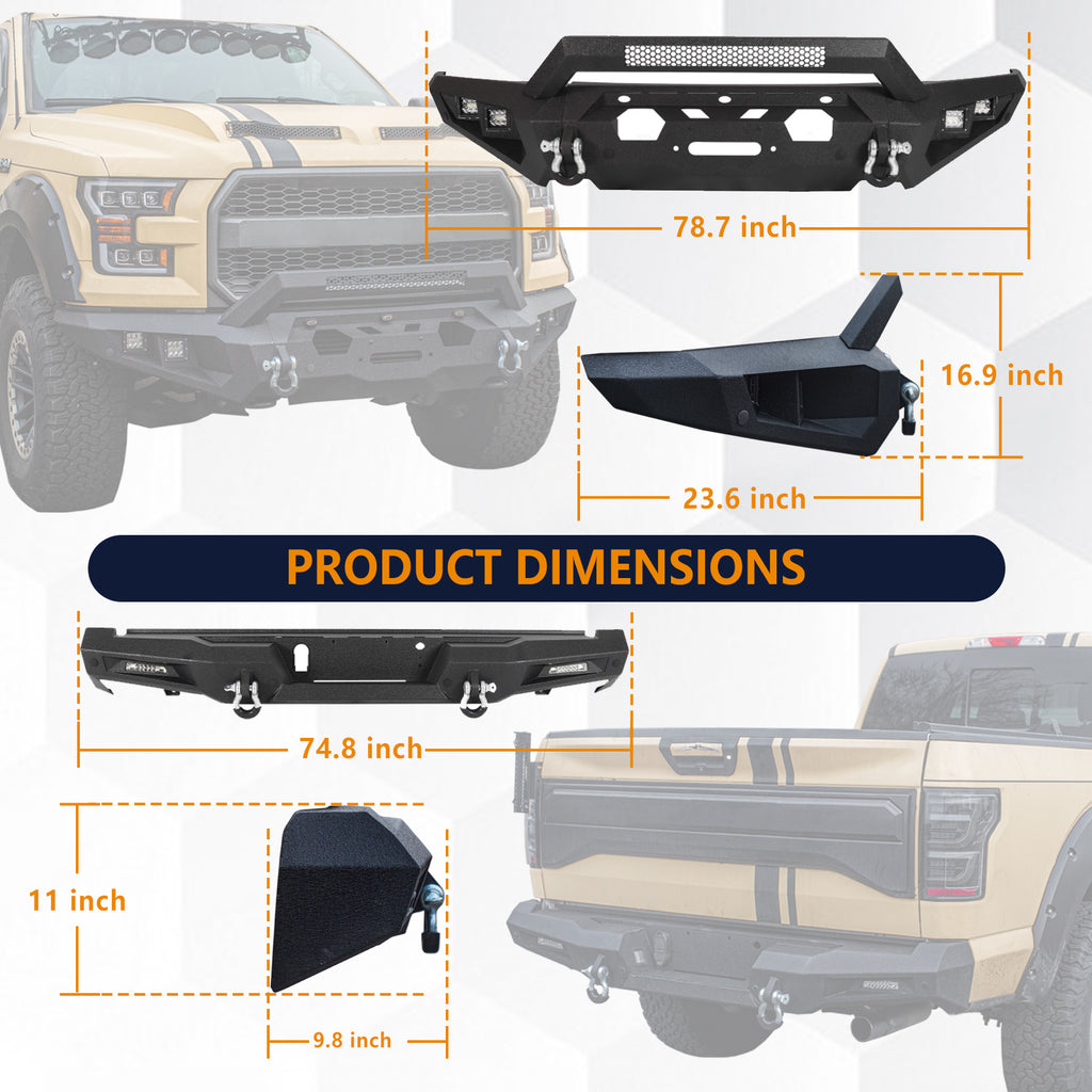 The Brave Fighter front and rear bumpers are compatible with the 2014-2019 Ford F150, featuring winch plates, LED lights, and D-rings. Black textured powder coating.