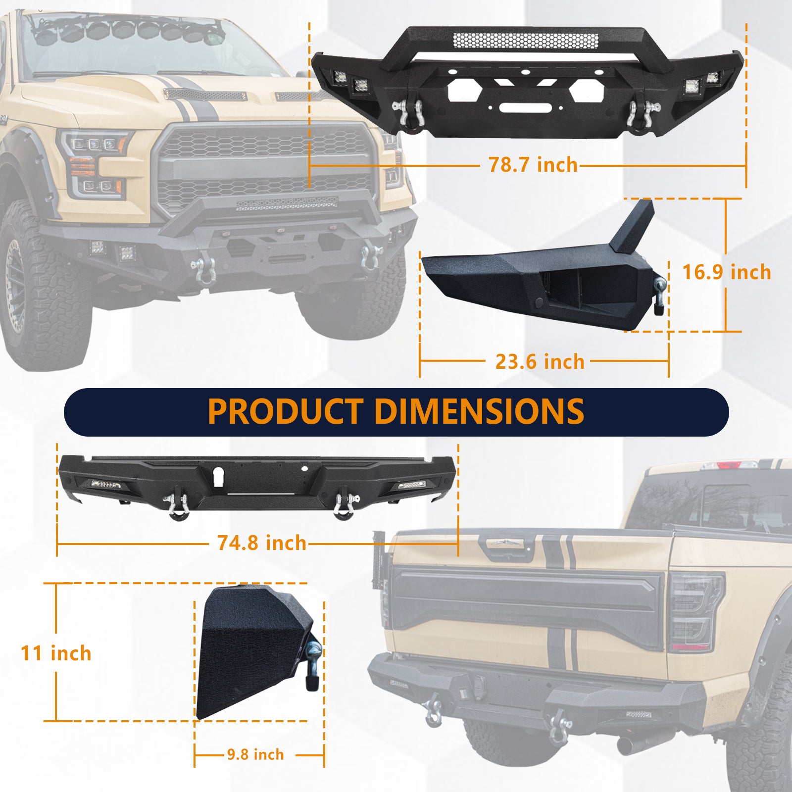 The Brave Fighter front and rear bumpers are compatible with the 2014-2019 Ford F150, featuring winch plates, LED lights, and D-rings. Black textured powder coating.