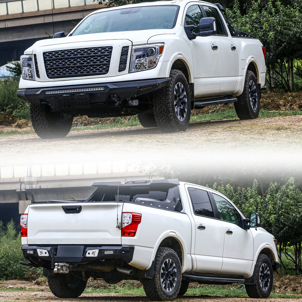 The Brave Fighter front and rear bumpers are compatible with the Nissan Titan, featuring winch plates, Bottom protective plate. Black textured powder coating. (Front Bumper & Rear Bumper)