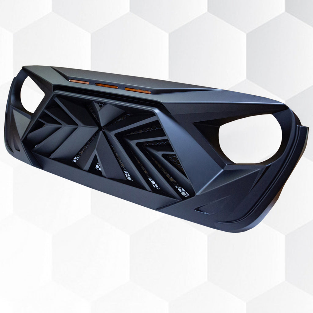 Brave Fighter Front Grill Cover Grille Guard for 2018-2025 Jeep Wrangler JL & Gladiator JT （Amber LED light）