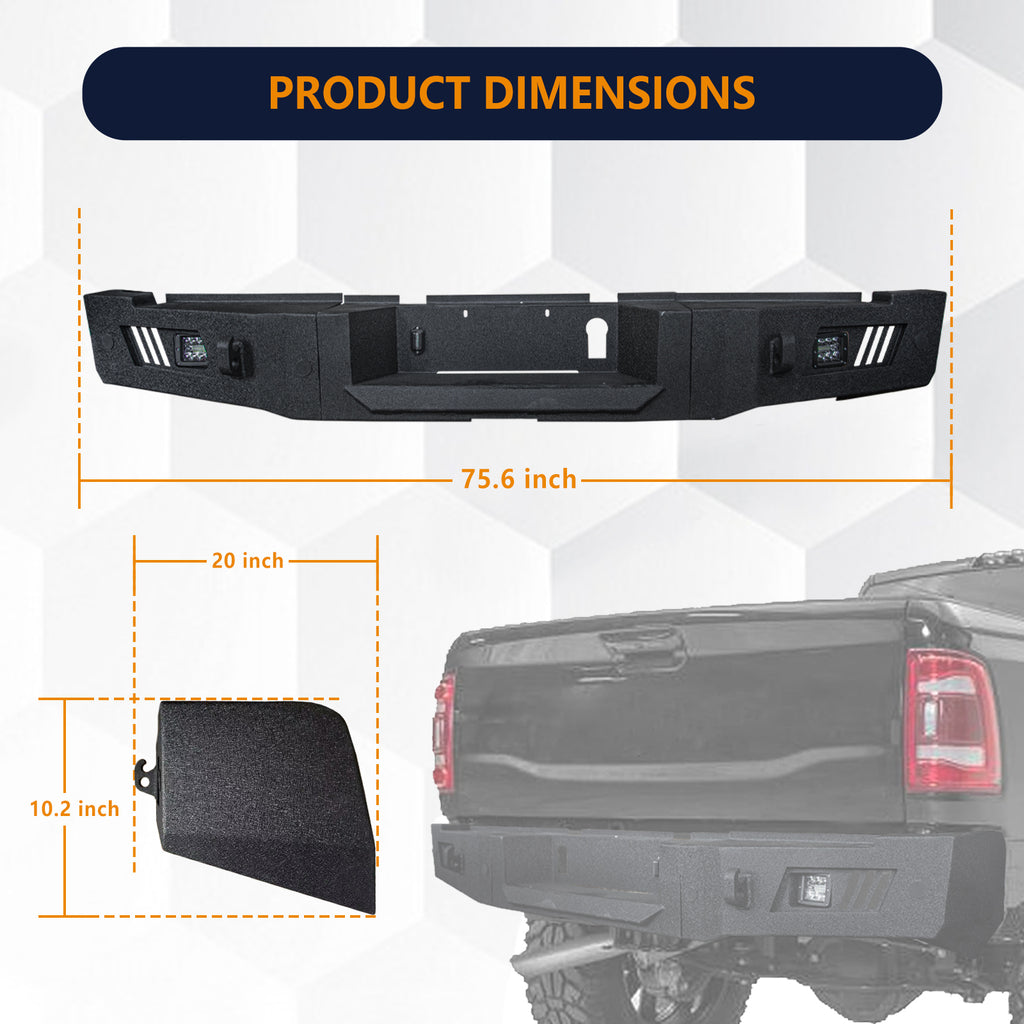 Front Bumper & Rear Bumper Compatible with 2019-2024 Dodge Ram 2500/3500/5500 with Winch Plate & 3 inch& 20 inch light hole & D-Ring〔Black Textured Powder Coat]