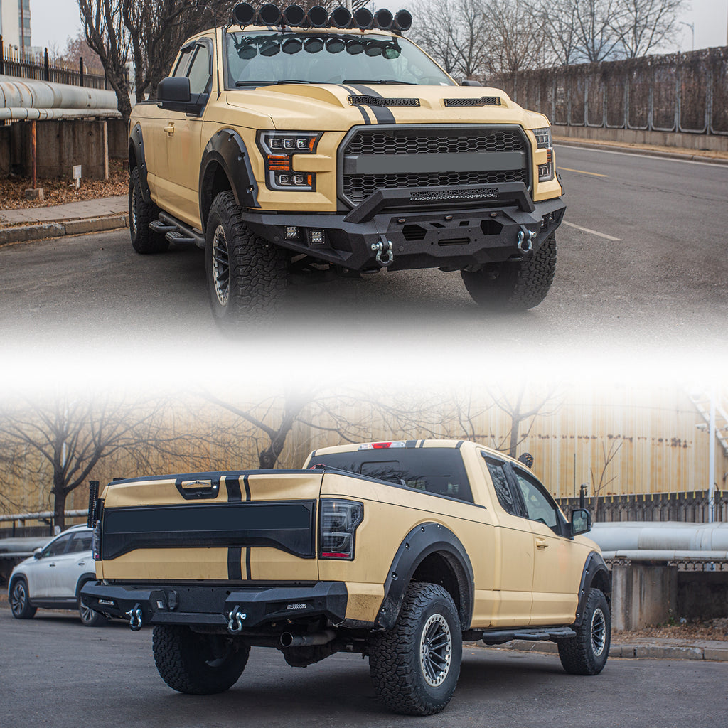 The Brave Fighter front and rear bumpers are compatible with the 2014-2019 Ford F150, featuring winch plates, LED lights, and D-rings. Black textured powder coating.