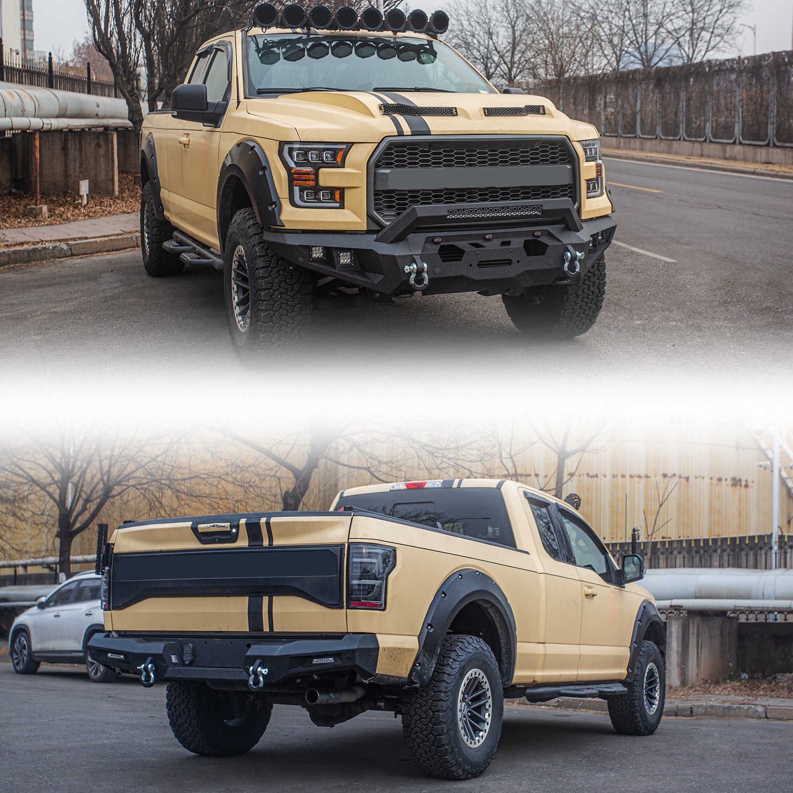 The Brave Fighter front and rear bumpers are compatible with the 2014-2019 Ford F150, featuring winch plates, LED lights, and D-rings. Black textured powder coating.